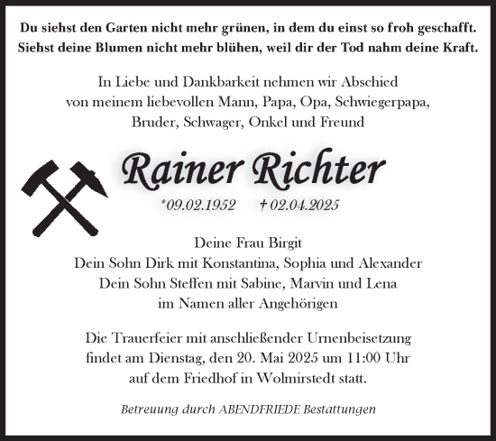Traueranzeige von Rainer Richter von Volksstimme Haldensleben/Wolmirstedt