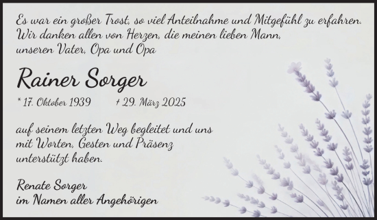 Traueranzeige von Rainer Sorger von Volksstimme Oschersleben/Wanzleben