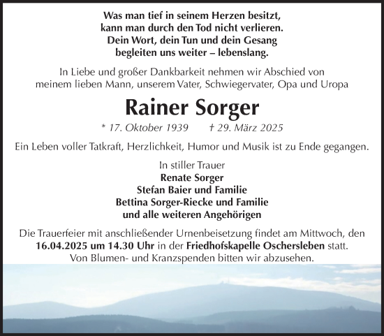 Traueranzeige von Rainer Sorger von Volksstimme Oschersleben/Wanzleben