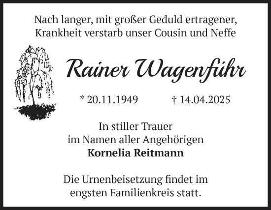 Traueranzeige von Rainer Wagenführ von Volksstimme Halberstadt