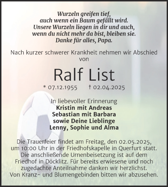 Traueranzeige von Ralf List von Trauerkombi Merseburg