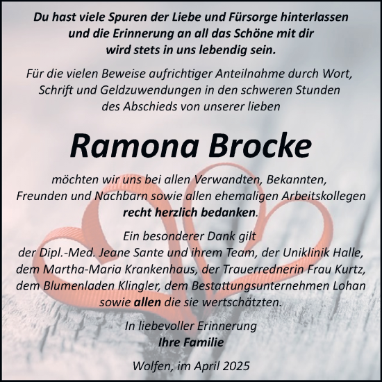 Traueranzeige von Ramona Brocke von Trauerkombi Bitterfeld