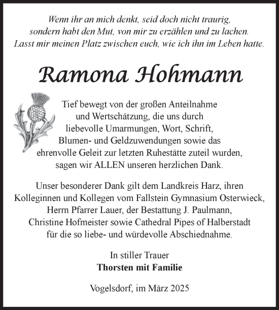 Traueranzeige von Ramona Hohmann von Volksstimme Halberstadt