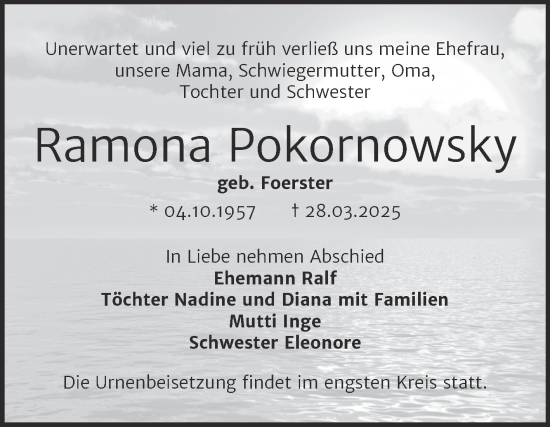 Traueranzeige von Ramona Pokornowsky von Trauerkombi Bernburg