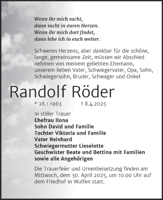 Traueranzeige von Randolf Röder von Trauerkombi Köthen