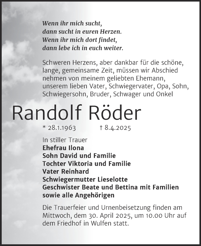  Traueranzeige für Randolf Röder vom 12.04.2025 aus Trauerkombi Köthen