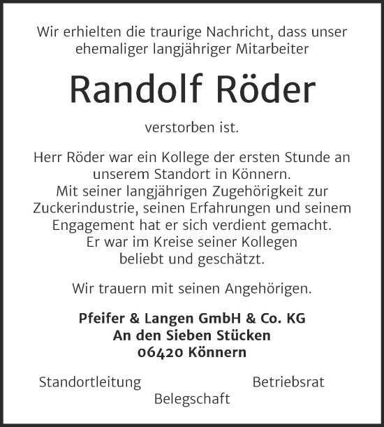 Traueranzeige von Randolf Röder von Mitteldeutsche Zeitung Köthen