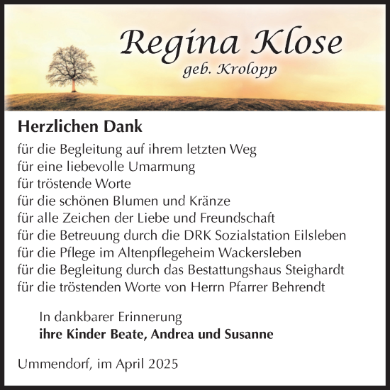 Traueranzeige von Regina Klose von Volksstimme Oschersleben/Wanzleben