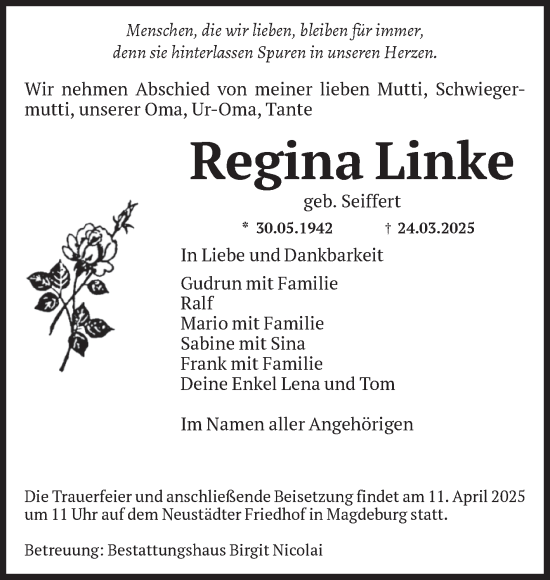 Traueranzeige von Regina Linke von Volksstimme Burg/Genthin