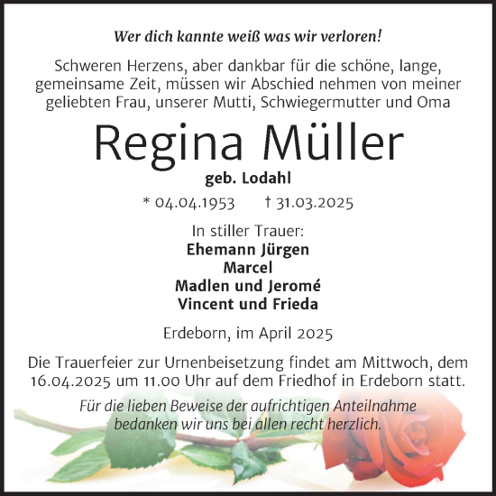 Traueranzeige von Regina Müller von Trauerkombi Mansfelder Land