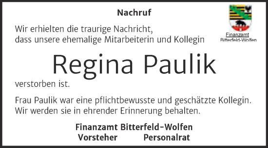 Traueranzeige von Regina Paulik von Mitteldeutsche Zeitung Köthen