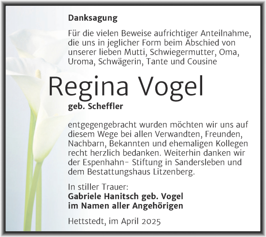 Traueranzeige von Regina Vogel von Trauerkombi Mansfelder Land