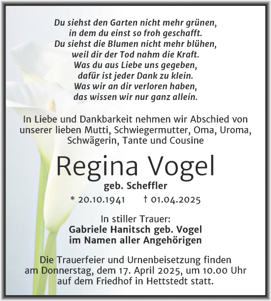 Traueranzeige von Regina Vogel von Trauerkombi Mansfelder Land