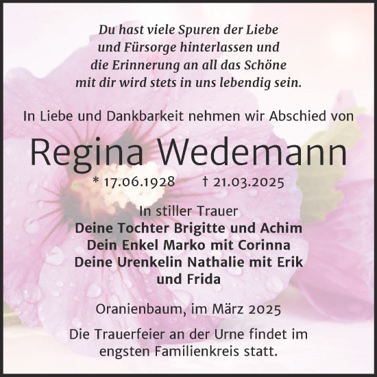 Traueranzeige von Regina Wedemann von Trauerkombi Wittenberg