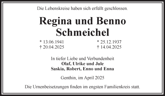 Traueranzeige von Regina und Benno Schmeichel von Volksstimme Burg/Genthin