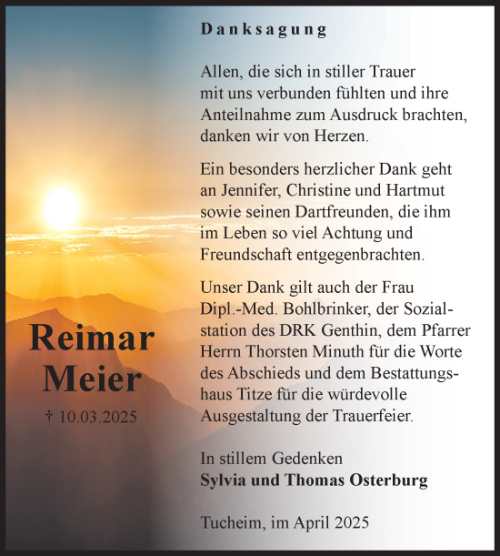 Traueranzeige von Reimar Meier von Volksstimme Burg/Genthin