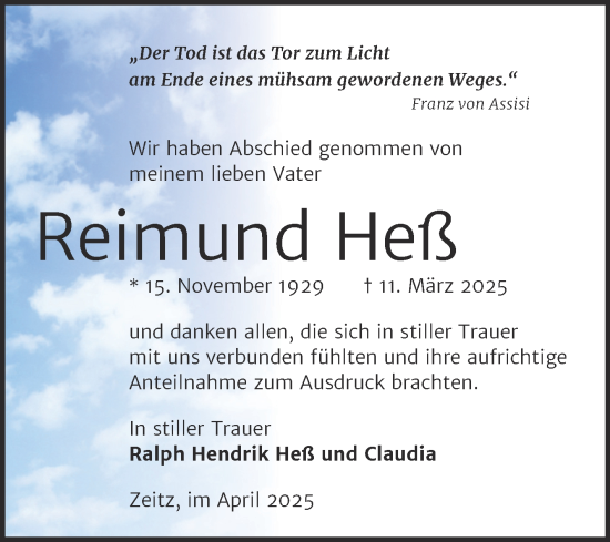 Traueranzeige von Reimund Heß von Trauerkombi Zeitz