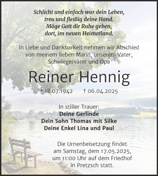 Traueranzeige von Reiner Hennig von Trauerkombi Wittenberg