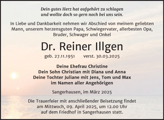 Traueranzeige von Reiner Illgen von Mitteldeutsche Zeitung Mansfelder Land