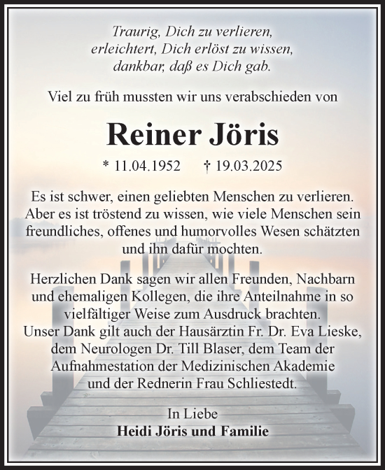 Traueranzeige von Reiner Jöris von Volksstimme Magdeburg