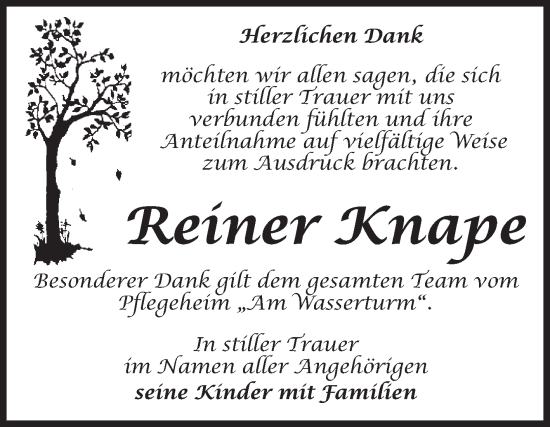 Traueranzeige von Reiner Knape 