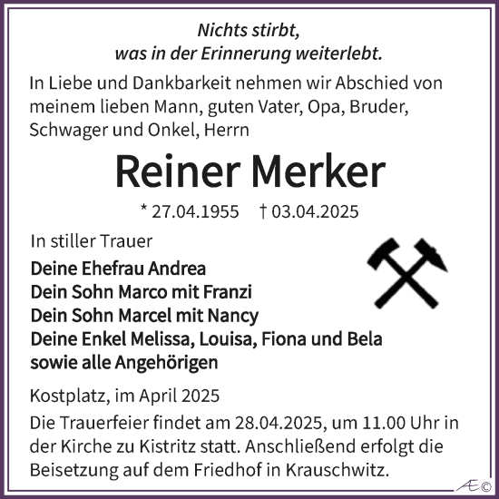 Traueranzeige von Reiner Merker von Trauerkombi Weißenfels