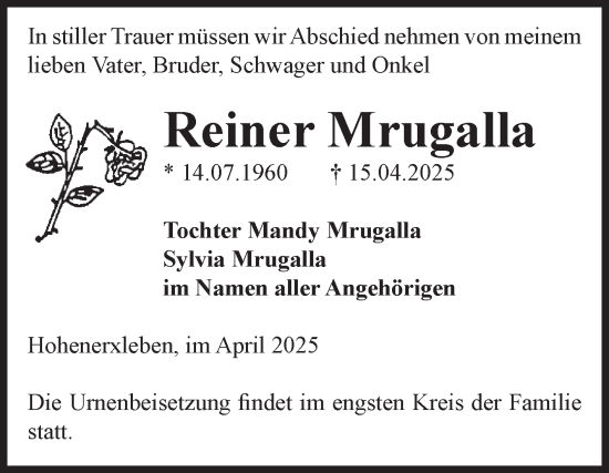 Traueranzeige von Reiner Mrugalla von Volksstimme Staßfurt