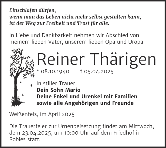 Traueranzeige von Reiner Thärigen von Trauerkombi Weißenfels