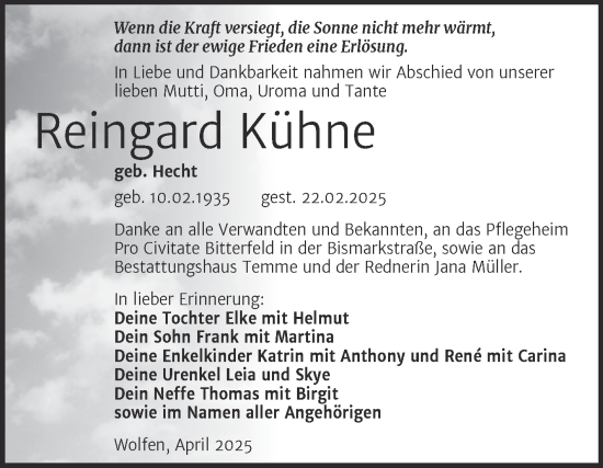 Traueranzeige von Reingard Kühne von SuperSonntag Bitterfeld