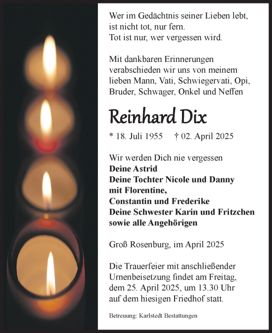 Traueranzeige von Reinhard Dix von Volksstimme Schönebeck