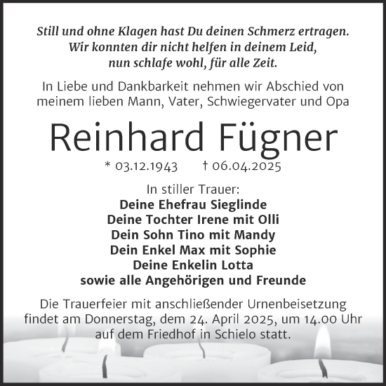 Traueranzeige von Reinhard Fügner von Trauerkombi Quedlinburg