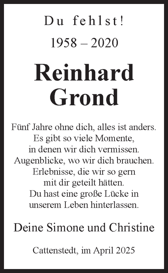 Traueranzeige von Reinhard Grond von Volksstimme Wernigerode