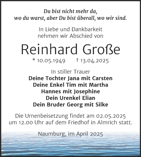 Traueranzeige von Reinhard Große von Naumburger Tageblatt