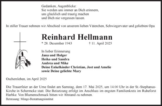 Traueranzeige von Reinhard Hellmann von Volksstimme Oschersleben/Wanzleben