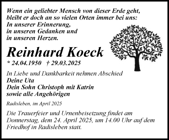 Traueranzeige von Reinhard Koeck von Trauerkombi Quedlinburg