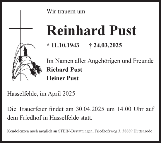 Traueranzeige von Reinhard Pust von Volksstimme Wernigerode