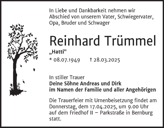 Traueranzeige von Reinhard Trümmel von Trauerkombi Bernburg