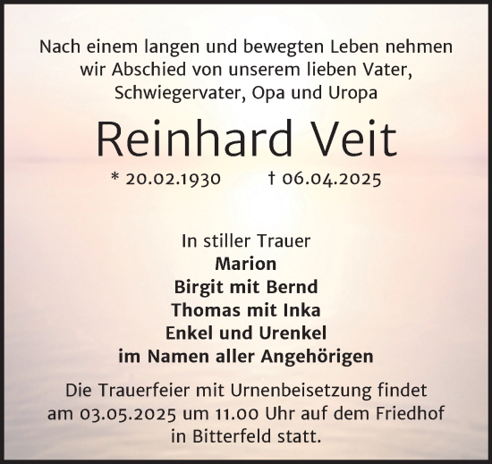 Traueranzeige von Reinhard Veit von Trauerkombi Bitterfeld