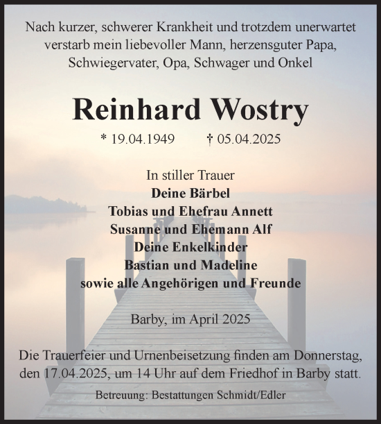 Traueranzeige von Reinhard Wostry von Volksstimme Schönebeck
