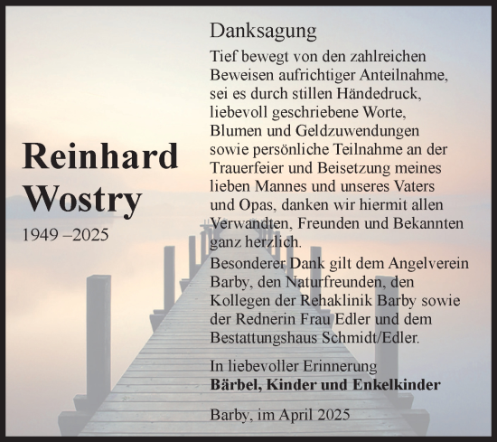 Traueranzeige von Reinhard Wostry von Volksstimme Schönebeck