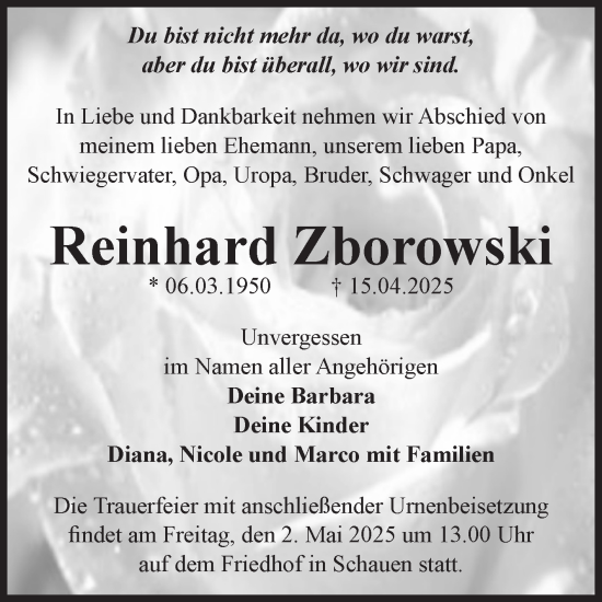Traueranzeige von Reinhard Zborowski von Volksstimme Halberstadt