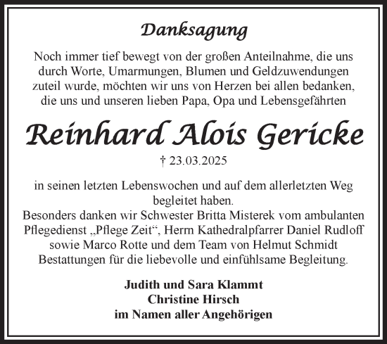 Traueranzeige von Reinhard Alois Gericke von Volksstimme Magdeburg