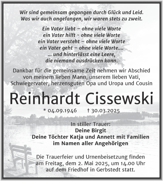 Traueranzeige von Reinhardt Cissewski von Trauerkombi Mansfelder Land