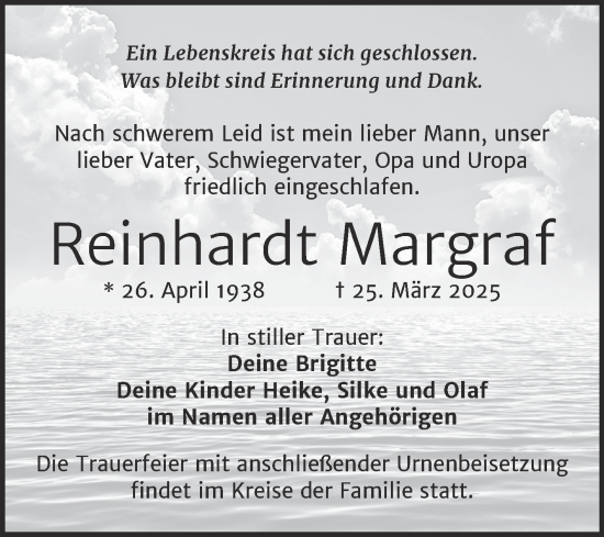 Traueranzeige von Reinhardt Margraf von Mitteldeutsche Zeitung Halle/Saalkreis