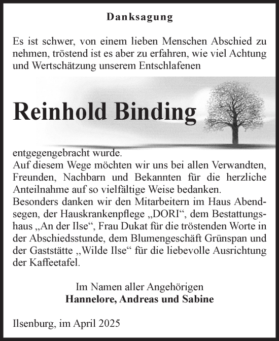 Traueranzeige von Reinhold Binding von Volksstimme Wernigerode