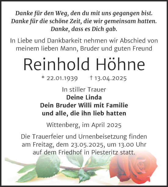 Traueranzeige von Reinhold Höhne von Trauerkombi Wittenberg