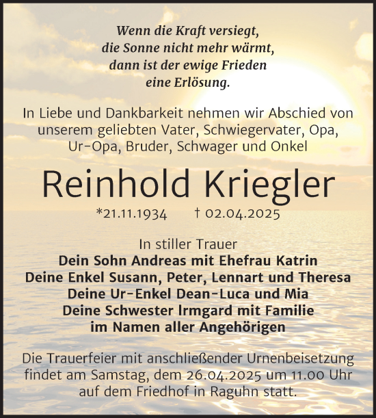 Traueranzeige von Reinhold Kriegler von Trauerkombi Bitterfeld
