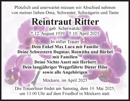 Traueranzeige von Reintraut Ritter von Volksstimme Burg/Genthin