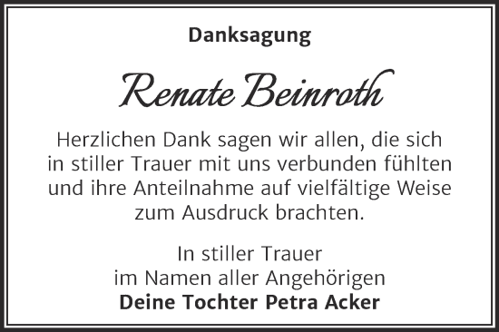 Traueranzeige von Renate Beinroth von Trauerkombi Mansfelder Land