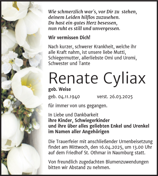 Traueranzeige von Renate Cyliax von Super Sonntag Naumburg/Nebra